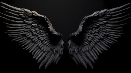 Elaborate black angel wings, exquisitely detailed and extending against a solid black background, radiating an air of mystery and beauty