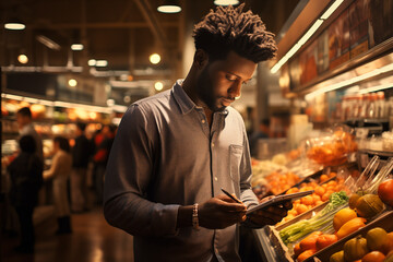 Portrait of a young African American man shopping at the grocery store or supermarket and reviewing and checking the list of products to buy. Generative AI.