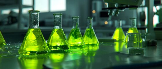 A science lab aglow with the luminescence of green chemical reactions in beakers