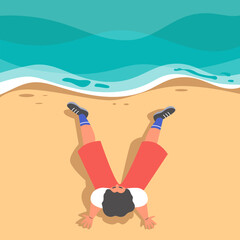Vector illustration top view of man is sitting on beach, overhead view of people