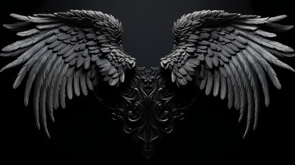 Elaborate black angel wings, exquisitely detailed and extending against a solid black background, radiating an air of mystery and beauty