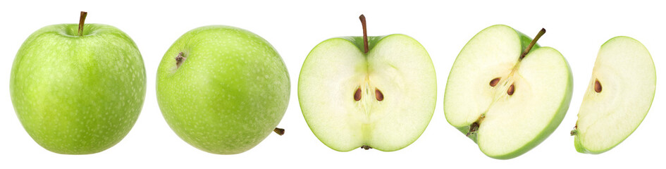 green apple (granny smith apple), half and slice isolated, transparent PNG, collection, PNG format