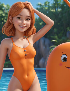 young girl in a orange swimsuit smiles sweetly with loving eyes, cartoonish caricatures