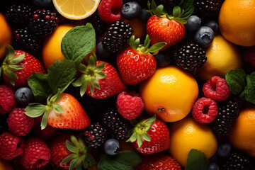 Fototapeta premium Top View Assorted Fresh Fruits and Berries. Top view of assorted fresh fruits and berries on a dark background, ideal for food-related content.