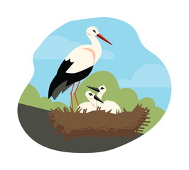Stork nest in the wild with little chicks, flat vector illustration isolated.