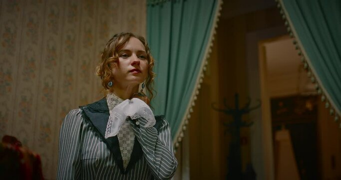 beautiful woman in retro gown crying, portrait of lady in 19th century, 4K, Prores
