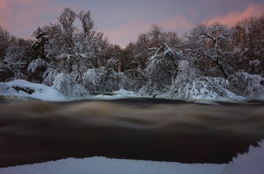 A fast river flows in a winter forest at dusk, the trees are covered with snow and frost, Sörkvarnsforsen Nature preserve in Hallstahammar, Sweden