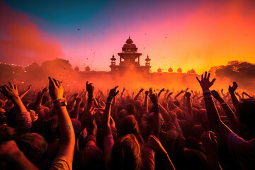 Indian festival happy holy. Crowd of people at the festival of colors. Generated by artificial intelligence - obrazy, fototapety, plakaty