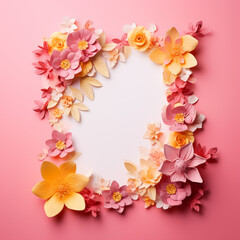 Overhead Floral Border on Pink Background. Overhead view of a delicate floral wreath on a pink background, ideal for invitations.