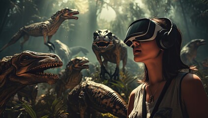 Explore the awe-inspiring world of dinosaurs through virtual reality, where the wearer's headset transports them into a realm where these ancient creatures come to life.