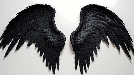 Ethereal black angel wings, glistening with a subtle sheen, elegantly displayed against a solid white canvas