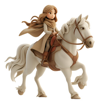 A 3D animated cartoon render of a girl riding a majestic white horse. Created with generative AI.