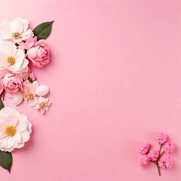 Flat pink background with copy space and flowers