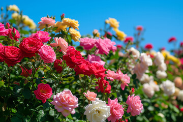 Fototapeta premium A garden of colorful roses in the middle of a bright sky.