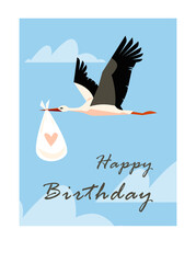 Happy Birthday greeting card, cute flying stork carrying a bag with heart on blue sky, newborn baby delivery vector