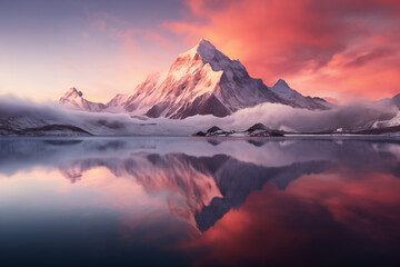 Obraz premium Tranquil Mountain Reflection at Sunrise. Serene mountain landscape with pink sky and calm waters.