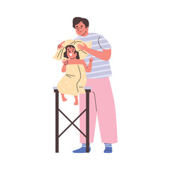 Vector illustration of man dries happy smiling child with towel on stool