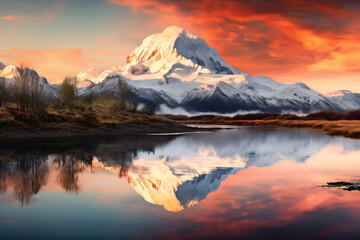 Fototapeta na wymiar Stunning sunset with snow-capped mountain reflected in calm water, ideal for travel and nature themes. Serene Mountain Sunset Reflection. 