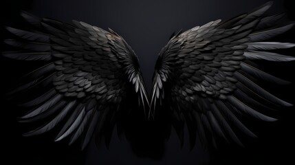 Feathered black angel wings, gracefully fanned out and perfectly aligned, contrasting against a deep black canvas, symbolizing celestial purity and elegance