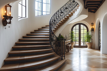 Curved staircase in classic mediterranean house, black metal balustrades, wooden treads, near the window.