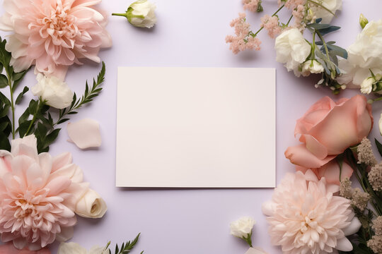 Top View Elegant Floral Card Mockup. Top view of a mockup card with elegant flowers around.