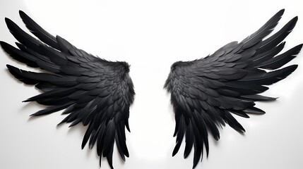 Feathered black angel wings, gracefully arched and perfectly aligned, contrasting against a pure white surface, symbolizing celestial purity
