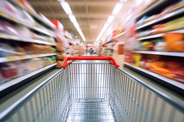POV Shot Of Supermarket Shopping Trolley Moving Along Aisle Between Shelves Of Food At Speed