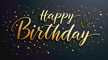 The words "Happy Birthday" written in elegant calligraphy with gold foil accents on a chic black background.