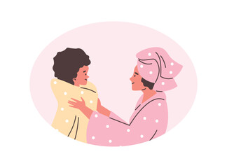 Vector illustration of caring adult woman wrapping child in towel