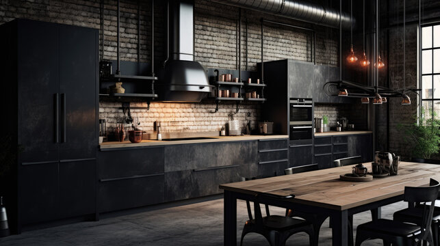  A chic urban loft kitchen with industrial pendant lights and an open-concept design.