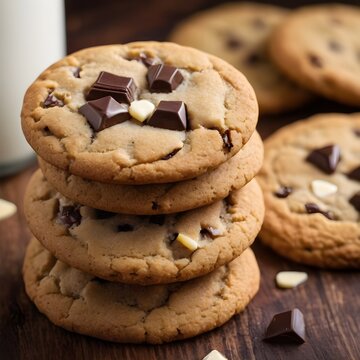 Stack of Chocolate Chip Cookies Next to a Glass of Milk