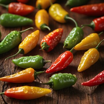 Multi color Peppers on Wooden Table