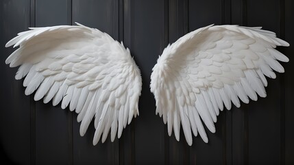 Feathered white angel wings, gracefully fanned out and perfectly aligned, contrasting against a deep black canvas, symbolizing celestial purity and serenity