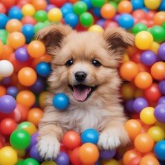 Fototapeta na wymiar Funny playful dog in colorful ball pool