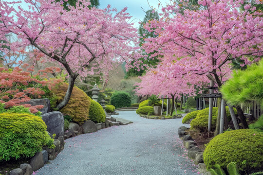 Elegant Spring. Cherry Blossoms Blooming in a Japanese Garden.