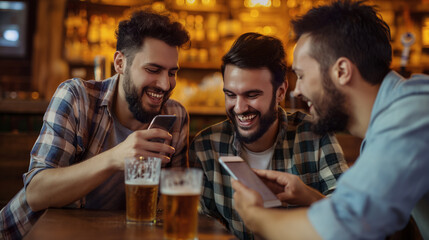 Homens conversando no celular e bebendo cerveja em um bar