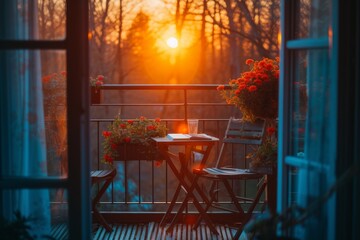 A tranquil balcony with a forest on a background. Warm glow of a sunset. The cozy setting, with a table, chairs, and a beverage glass