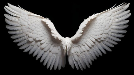 Graceful white angel wings, elegantly fanned out and perfectly aligned, contrasting against a deep black backdrop, symbolizing heavenly purity and tranquility - obrazy, fototapety, plakaty