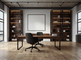 Upscale CEO office interior with white walls, a wooden floor, loft windows and a bookcase next to a massive table. A horizontal poster. 3d rendering mock up

