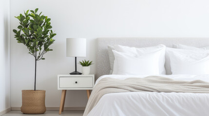  Cozy Bedroom With Bed, Nightstands, and Potted Plant. Scandinavian home interior design of modern living home.