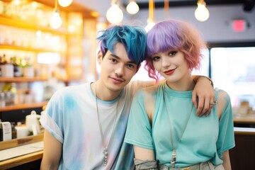 Young couple standing at the counter, in the style of genderless, cute and colorful.