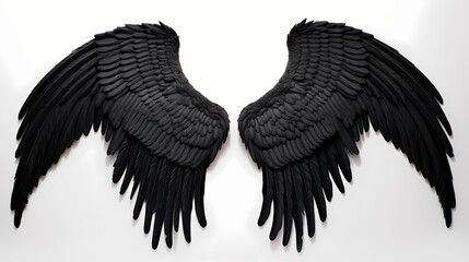 Grand and imposing black angel wings, elegantly spanning out on a solid white background, emanating a sense of divine majesty