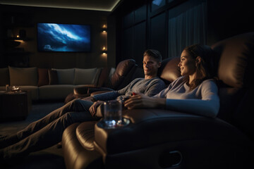 In a home cinema setup, a couple sits in plush recliners.