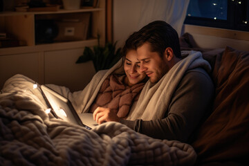 Fototapeta na wymiar Couple snuggles on a loveseat, sharing headphones and watch a romantic movie on a tablet. Candlelight adds a touch of intimacy to the scene, making it a perfect date night at home.