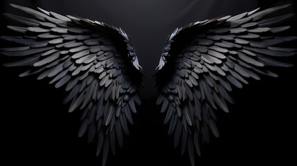 Intricately crafted black angel wings, delicately poised on a solid black background, emanating an aura of dark elegance and enchantment