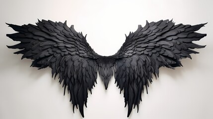Intricately crafted black angel wings, delicately suspended on a solid white surface, radiating an aura of otherworldly elegance