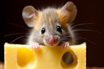 Adorable brown mouse nibbling on a piece of cheese in a cozy, rustic kitchen setting