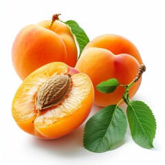 A Fresh Slice of Apricot with green leaves on white background