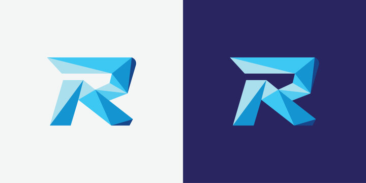 Geometric R letter logo design with blue color shades. Polygonal R logo © Ubaid