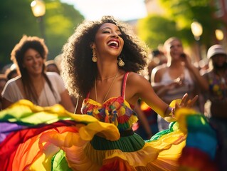 A beaming woman adorned in a vibrant rainbow dress joyfully dances among the sun-soaked crowds at a carnival parade, spreading happiness and celebrating life - obrazy, fototapety, plakaty